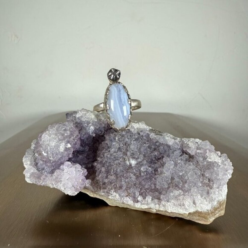 Sterling Silver Ring Oval Blue Lace Agate Gemstone Statement Jewelry Size 7.25
